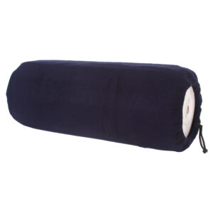 Dark blue cylindrical bolster pillow on white background.