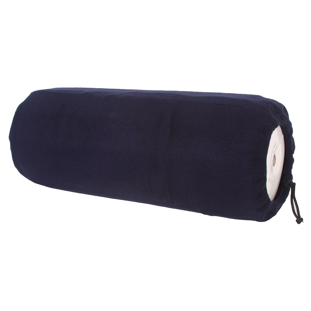 Dark blue cylindrical bolster pillow on white background.