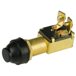 Brass push-button switch with two terminals.