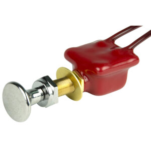 Red ignition switch with metal button and wiring.