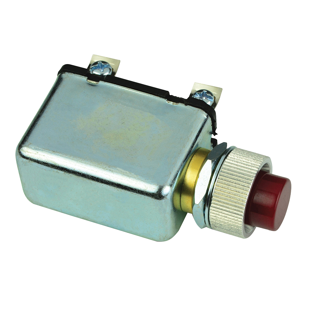 Metallic push button switch with red button