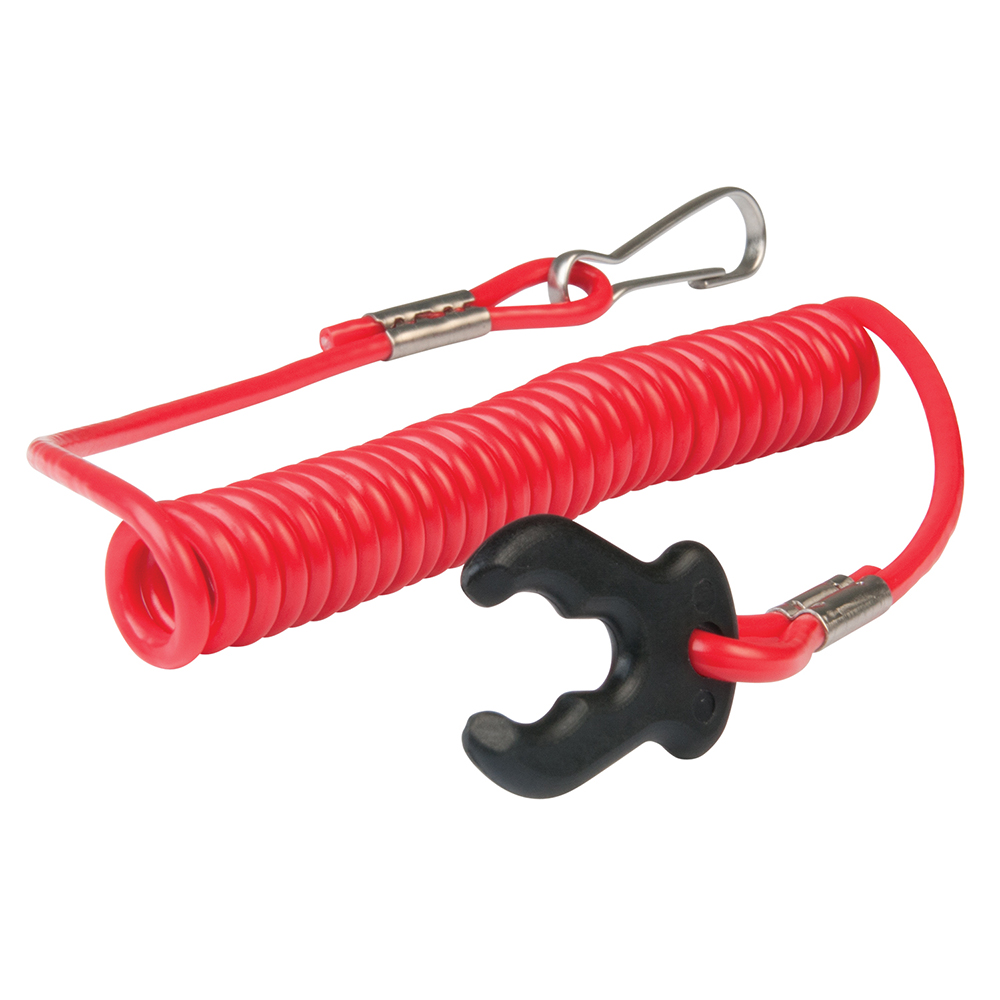Red coiled safety lanyard with clip