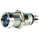 Metal push button switch with blue indicator light.
