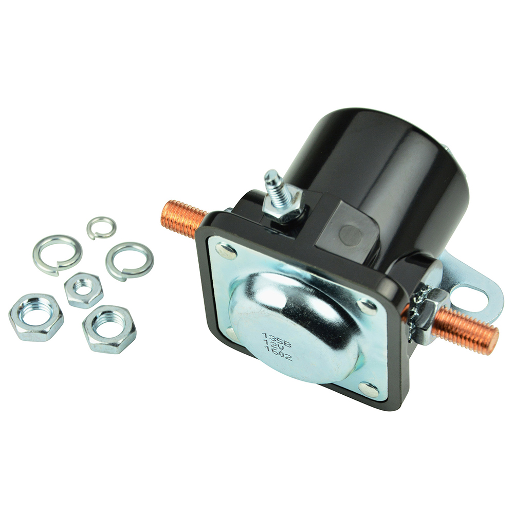 Automotive starter solenoid with nuts and washers.