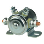 Automotive starter solenoid with metal housing and terminals.