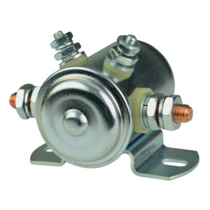 Automotive starter solenoid with metal housing and terminals.