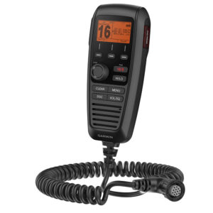 Garmin marine radio with coiled cable and display