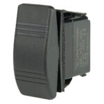 Black rocker switch with technical specifications.