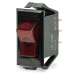 Red illuminated rocker switch, 12V, rectangular design.