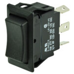 Black rocker switch with electrical specifications.