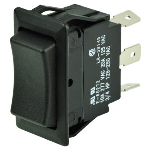 Black rocker switch with electrical specifications.