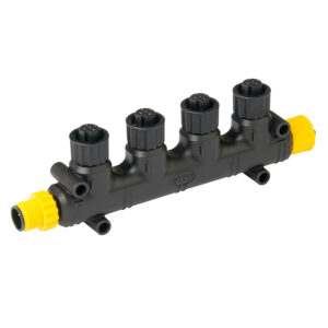 Four-way garden hose connector with yellow caps
