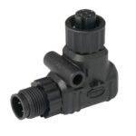 Black industrial connector fitting, angled view
