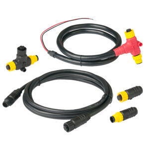 Various waterproof cables and connectors assorted on surface.