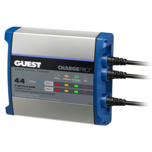Marine battery charger with multiple indicators and cables.
