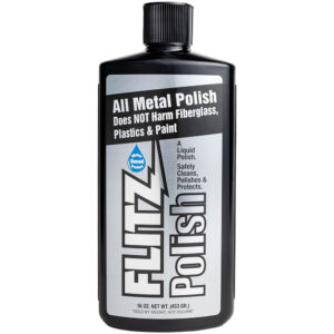 Flitz metal polish bottle, cleans and protects surfaces.