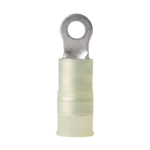 Insulated ring terminal connector for electrical wiring.