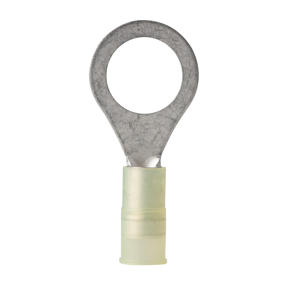 Metal electrical ring connector isolated on white background.