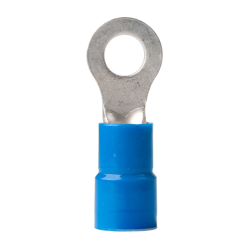Blue insulated ring terminal connector close-up.
