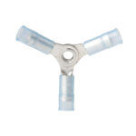 Y-shaped electrical connector with blue plastic sleeves.