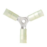 Three-way green hose connector for plumbing use.
