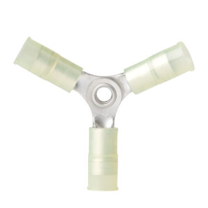 Three-way green hose connector for plumbing use.