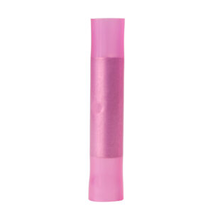 Pink heat shrink butt connector isolated on white.