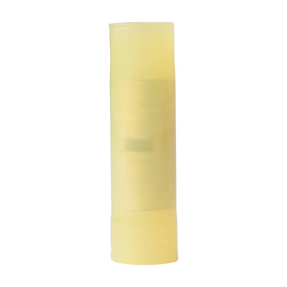 Yellow insulated wire connector on white background.
