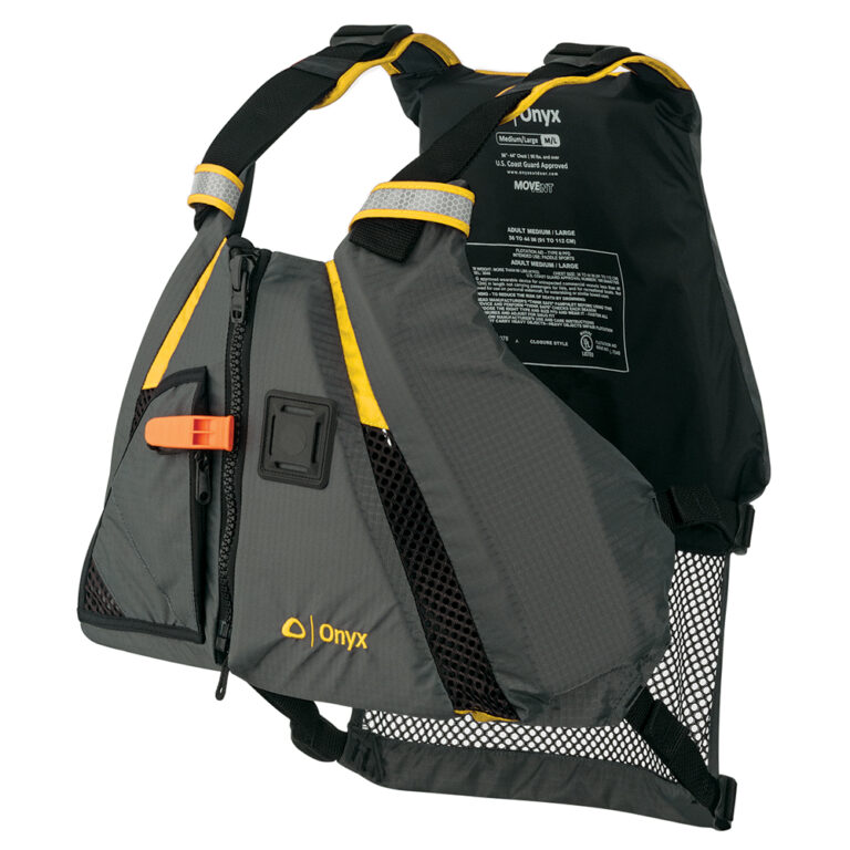 Onyx life jacket, black and yellow design.