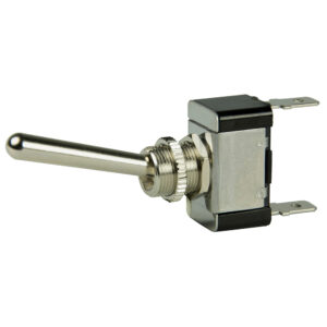 Metal toggle switch with terminals and lever.