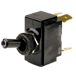 Black toggle switch with clear and red labels.