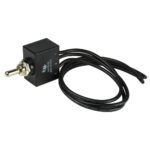 Black toggle switch with attached wires, 12V DC.
