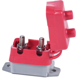 Red battery terminal cover with exposed contacts.