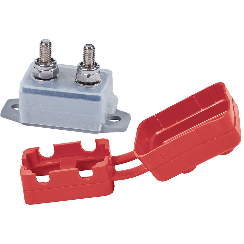Automotive circuit breaker with red plastic cover.