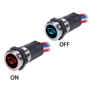 Metal push button switch, on and off positions.
