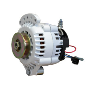 White alternator with wires against white background.