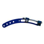 Blue metal tension bracket with holes and bolts.