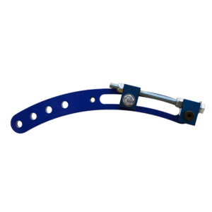 Blue metal tension bracket with holes and bolts.