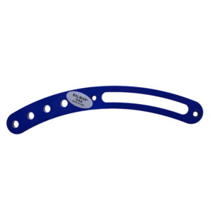 Blue curved boat engine component with holes