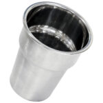 Stainless steel cup, tilted view.
