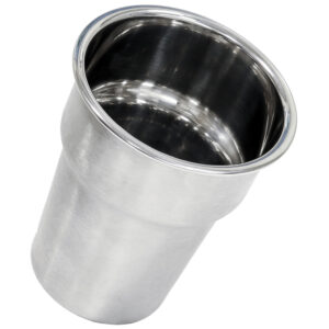 Stainless steel cup, tilted view.