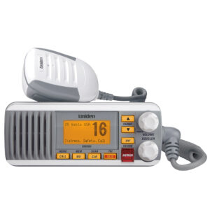 Marine radio with microphone and display screen.
