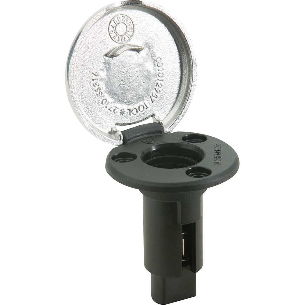 Round trailer electrical socket with lid open.