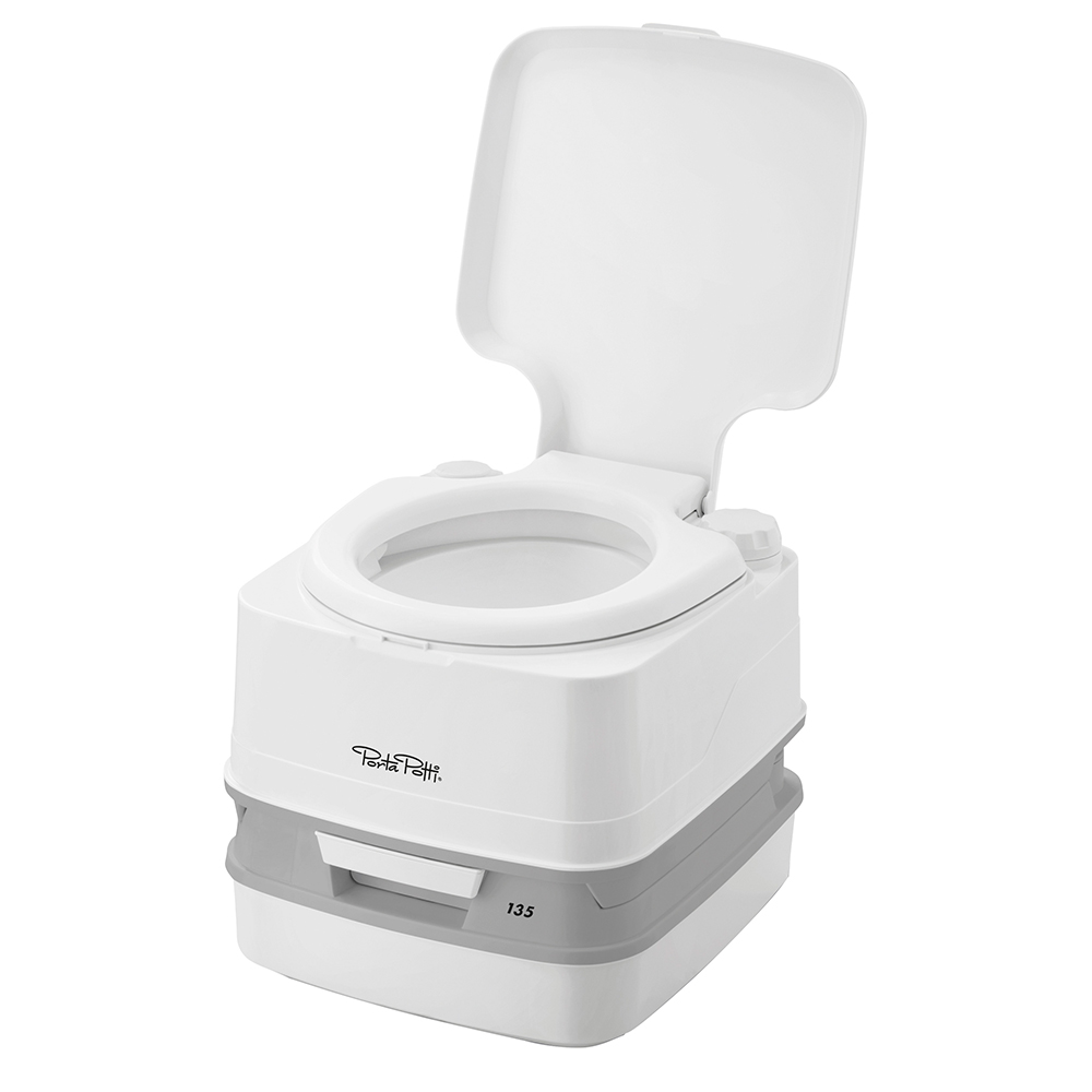 Portable camping toilet with lid open