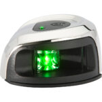 Green laser barcode scanner with chrome finish.