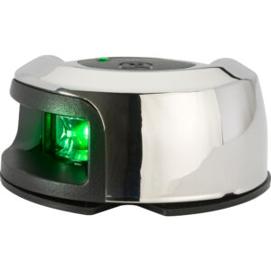 Shiny barcode scanner with green light indicator.