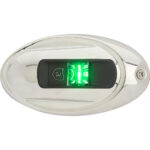 Chrome boat navigation light with green LED indicator.