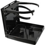 Black plastic folding cup holder.