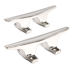 Chrome boat cleats for securing ropes.
