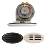 Boat horn with black and white grilles.